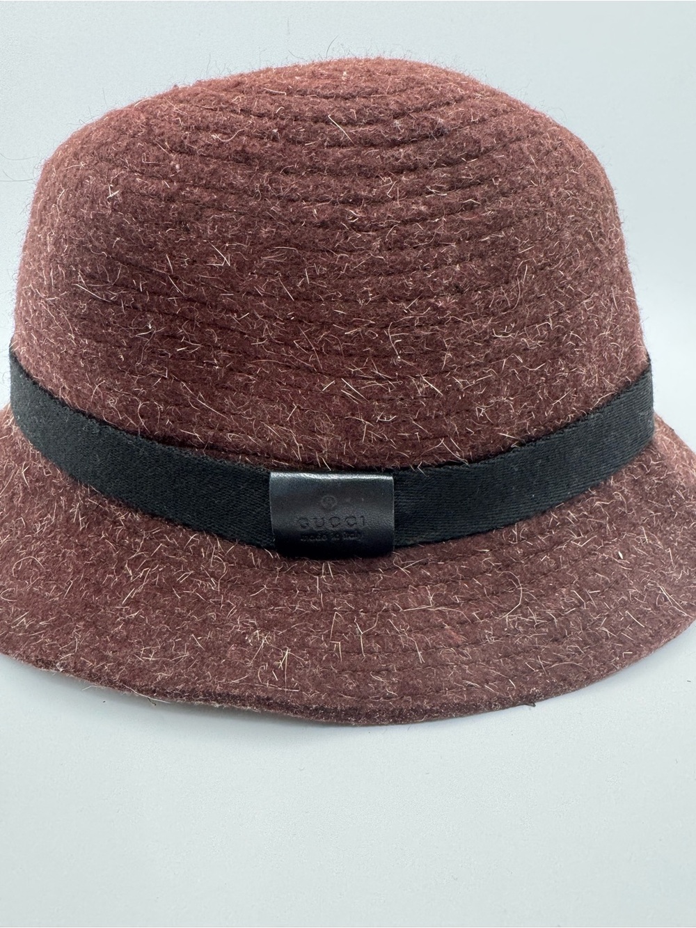 Gucci Felt Wool Bucket Hat Brown Black Band Logo Plaque Size Large